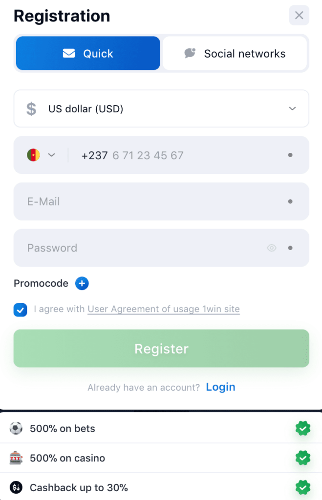 1win cameroon register